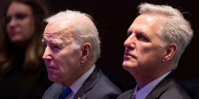 U.S. President Joe Biden (L) sits next to Speaker of the House Kevin McCarthy (R-CA) during the National Prayer Breakfast at the U.S. Capitol on February 02, 2023 in Washington, DC.