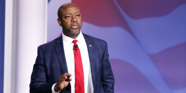 GOP Senator Tim Scott of South Carolina, speaks during the Republican Jewish Coalition (RJC) Annual Leadership Meeting in Las Vegas, Nevada, US, on Saturday, Nov. 19, 2022. 