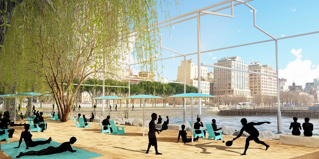A rendering of Manhattan's newest beach, set to open in the summer of 2023.