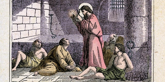 Saint Valentine was imprisoned for having joined in marriage the young Serapio, Christian and the roman legionary Sabino, pagan. It would be actually two distinct historical characters, a bishop of Terni, and the other Roman presbyter, according to some sources, both executed by decapitation on the via Flaminia. Commemoration February 14th. Colored engraving from Diodore Rahoult, Italy 1886. 