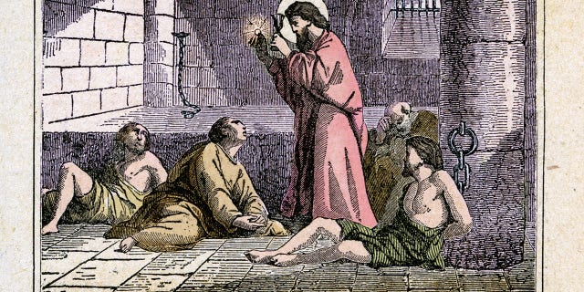 Saint Valentine was imprisoned for having joined in marriage the young Serapio, Christian and the roman legionary Sabino, pagan. It would be actually two distinct historical characters, a bishop of Terni, and the other Roman presbyter, according to some sources, both executed by decapitation on the via Flaminia. Commemoration February 14th. Colored engraving from Diodore Rahoult, Italy 1886.