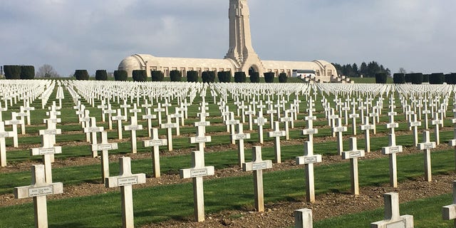 The Douaumont Ossuary in Verdun, France, is a huge haunting sanctuary housing the remains of both French and German soldiers, surrounded by a massive, largely tree-less cemetery of war dead. 