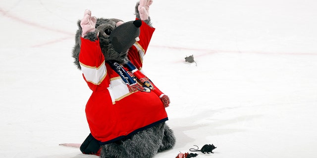 Florida Panthers Mascot Viktor E. Ratt gathers his rat buddies for a quick prayer to give thanks for their 9-2 win over the Columbus Blue Jackets at the FLA Live Arena on January 15, 2022 in Sunrise, Florida.