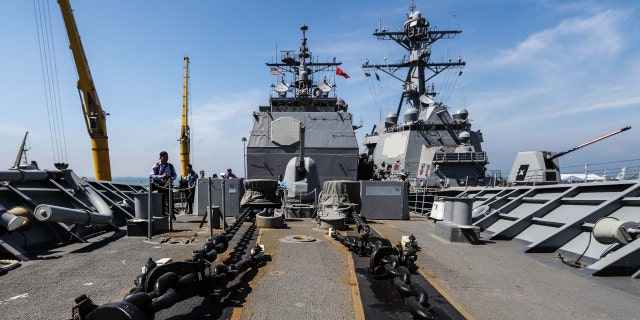 Heavy chains are seen on board the USS Carl Vinson at Thien Sa Port in Da Nang, Vietnam, March 6, 2018.