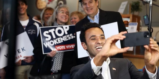 Republican presidential candidate Vivek Ramaswamy campaigns at Potter's Bakery in Rochester, N.H., Feb. 22, 2023.