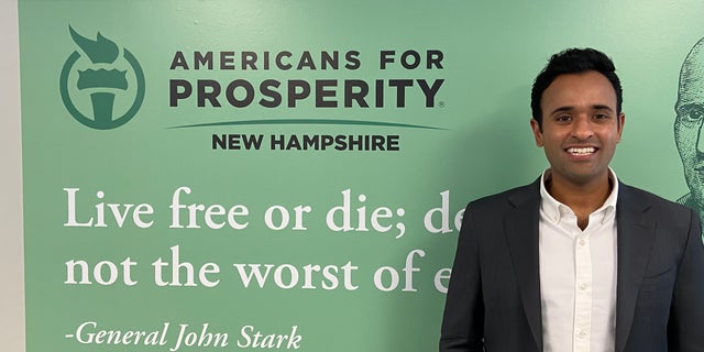 Conservative author, commentator, and entrepreneur Vivek Ramaswamy stops by the offices of the Americans for Prosperity during a trip to New Hampshire, on Feb. 8, 2023 in Manchester, N.H. 