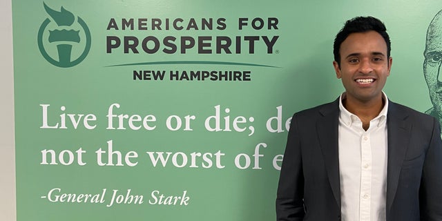 Conservative author, commentator, and entrepreneur Vivek Ramaswamy stops by the offices of the Americans for Prosperity during a trip to New Hampshire, on Feb. 8, 2023 in Manchester, N.H. 