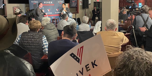 Republican presidential candidate Vivek Ramaswamy takes questions at town hall style campaign event, on Feb. 22, 2023 in Manchester, New Hampshire