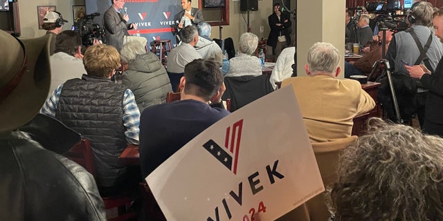 Republican presidential candidate Vivek Ramaswamy takes questions at town hall style campaign event, on Feb. 22, 2023 in Manchester, New Hampshire