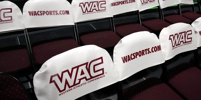 A Western Athletic Conference logo on the court prior to a championship game of the Western Athletic Conference basketball tournament at the Orleans Arena March 12, 2022, in Las Vegas.