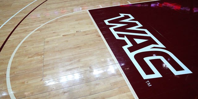 A Western Athletic Conference logo is shown on the court prior to the championship game of the Western Athletic Conference basketball tournament at the Orleans Arena on March 12, 2022 in Las Vegas.