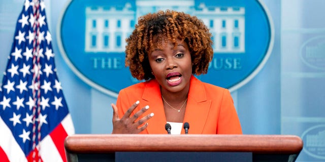 White House press secretary Karine Jean-Pierre speaks at a press briefing at the White House in Washington, Thursday, Feb. 23, 2023. 