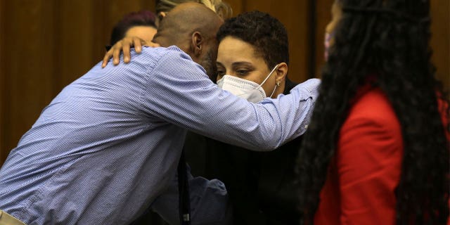 Lamar Johnson embraces St. Louis Prosecutor Kim Gardner on Tuesday, Feb. 14, 2023, after St. Louis Circuit Judge David Mason vacated his murder conviction. Johnson served nearly 28 years of a life sentence for a killing that he has always said he didn't commit.