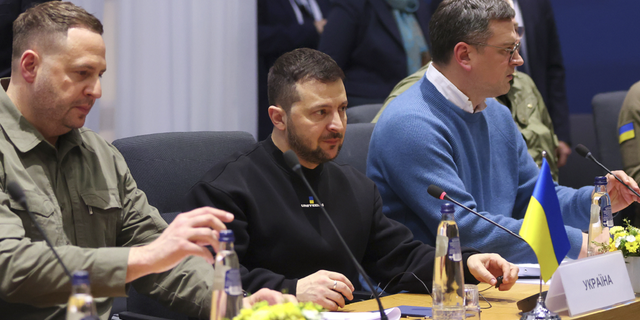 Ukraine's President Volodymyr Zelenskyy, center, attends a bilateral meeting at an EU summit in Brussels on Thursday, Feb. 9.