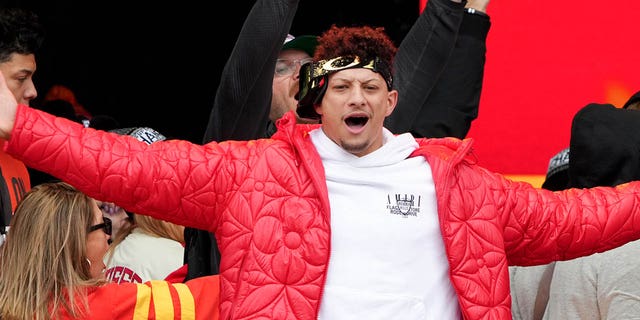 Patrick Mahomes #15 of the Kansas City Chiefs celebrates during the Kansas City Chiefs Super Bowl LVII victory parade on February 15, 2023 in Kansas City, Missouri.