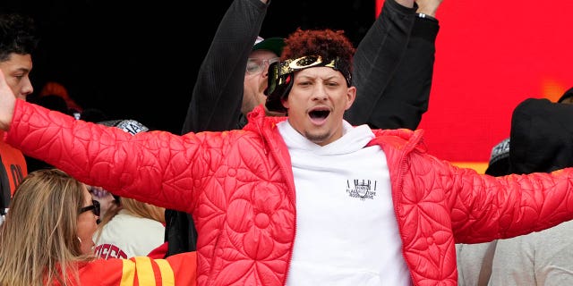 Patrick Mahomes #15 of the Kansas City Chiefs celebrates during the Kansas City Chiefs Super Bowl LVII victory parade on February 15, 2023 in Kansas City, Missouri.