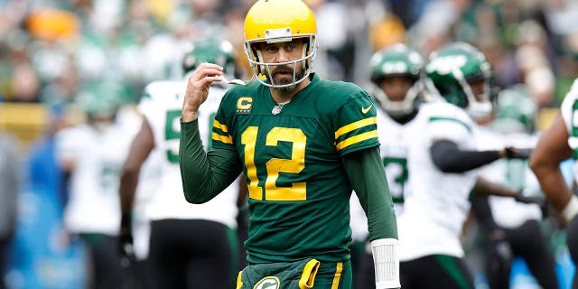 Aaron Rodgers of the Packers reacts to a fumble in the third quarter against the New York Jets at Lambeau Field on Oct. 16, 2022, in Green Bay, Wisconsin.