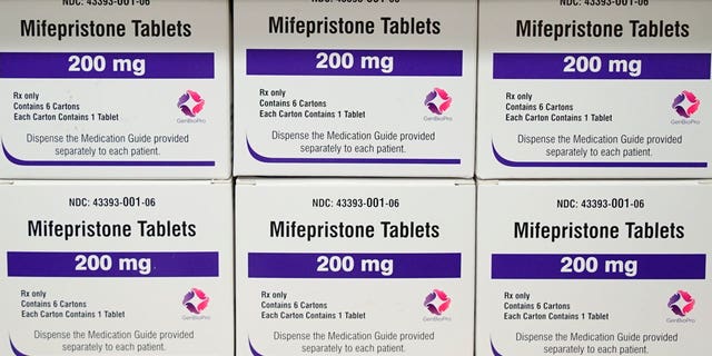 Boxes of the drug mifepristone sit on a shelf at the West Alabama Women's Center in Tuscaloosa, Ala., on March 16, 2022. The pill is used to end pregnancies.