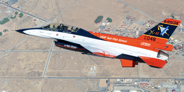 A Variable In-flight Simulation Test Aircraft being controlled by artificial intelligence in a flight over California.