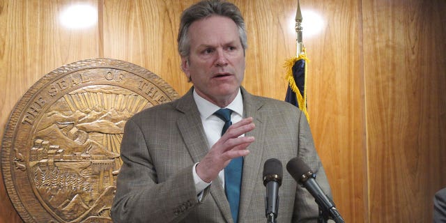 Alaska Gov. Mike Dunleavy speaks at a news conference on his proposed budget amendments on Feb. 15, 2023, in Juneau, Alaska.