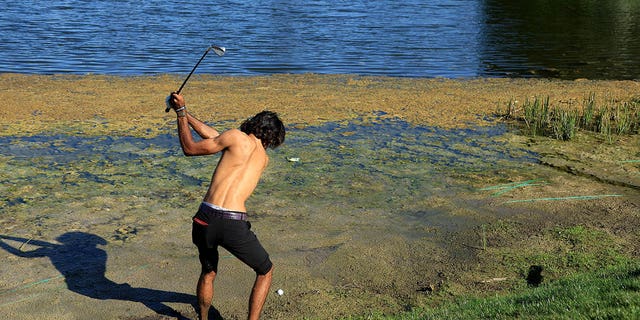 Akshay Bhatia of the U.S. hits his second shot on the 15th hole from the water during the third round of the Honda Classic at PGA National Resort &amp; Spa Feb. 25, 2023, in Palm Beach Gardens, Fla.
