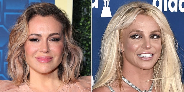Alyssa Milano soft smiles on the red carpet in a blush colored dress split Britney Spears smiles and looks to the left (her right) in a sparkly outfit on the red carpet