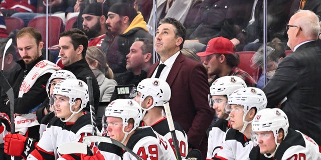 Associate coach, Andrew Brunette of the New Jersey Devils handles bench duties during the second period against the Montreal Canadiens at Centre Bell on November 15, 2022 in Montreal, Quebec, Canada.  The New Jersey Devils defeated the Montreal Canadiens 5-1.  