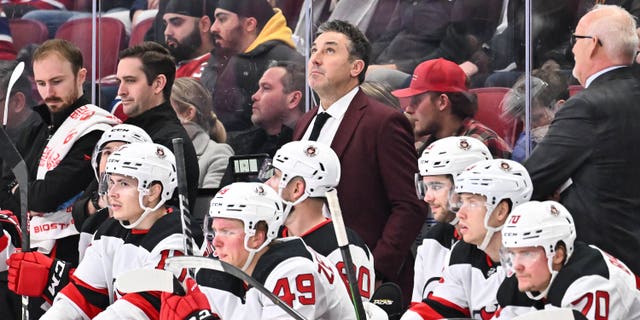 Associate coach, Andrew Brunette of the New Jersey Devils handles bench duties during the second period against the Montreal Canadiens at Centre Bell on November 15, 2022 in Montreal, Quebec, Canada.  The New Jersey Devils defeated the Montreal Canadiens 5-1.  