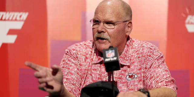 Head Coach Andy Reid of the Kansas City Chiefs speaks to the media during Super Bowl LVII Opening Night presented by Fast Twitch at the Footprint Center on February 6, 2023 in Phoenix, Arizona.