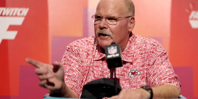 Head Coach Andy Reid of the Kansas City Chiefs speaks to the media during Super Bowl LVII Opening Night presented by Fast Twitch at the Footprint Center on February 6, 2023 in Phoenix, Arizona.