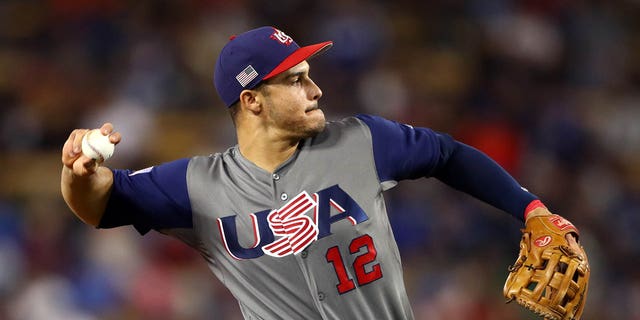 Nolan Arenado of Team USA throws during Game 3 of the championship round of the 2017 World Baseball Classic against Team Puerto Rico on March 22, 2017 at Dodger Stadium in Los Angeles.