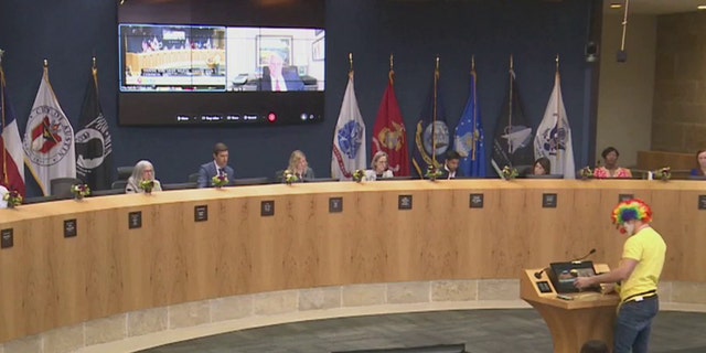 Alex Stranger addresses Austin City Council members during a meeting on February 9, 2023.