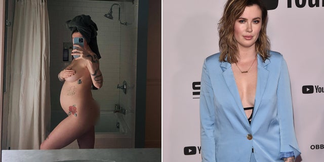 side by side of Ireland Baldwin posing nude and Ireland on the red carpet