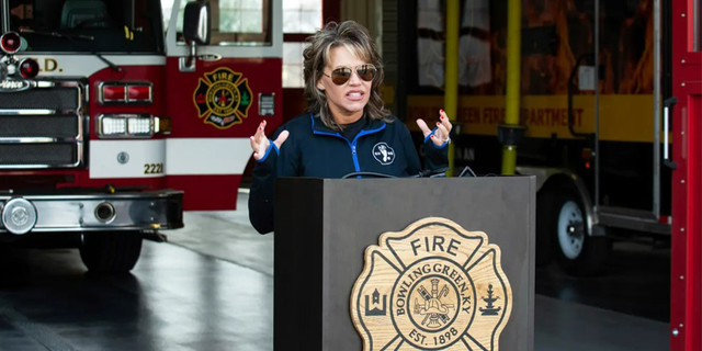 Safe Haven Baby Boxes Founder Monica Kelsey speaks at a news conference at a Bowling Green Fire Department station, Friday, Feb. 10, 2023.