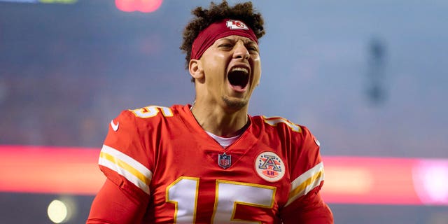 Patrick Mahomes #15 of the Kansas City Chiefs yells during his pregame celebration against the Los Vegas Raiders at GEHA Field at Arrowhead Stadium on October 10, 2022 in Kansas City, Missouri.