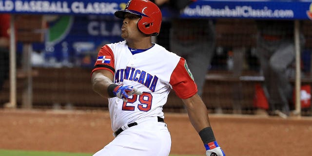 Adrian Beltre, #39 of the Dominican Republic, hits during a Pool C game of the 2017 World Baseball Classic against Canada at Miami Marlins Stadium on March 9, 2017 in Miami.