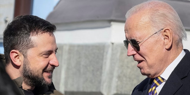 President Biden, right, and Ukraine's President Volodymyr Zelenskyy visit Saint Michael’s Cathedral,amid Russia's attack on Ukraine Feb. 20, 2023. NATO General Secretary Jens Stoltenberg said member nations have agreed Ukraine will join the U.S.-led military alliance in the "long-term." 