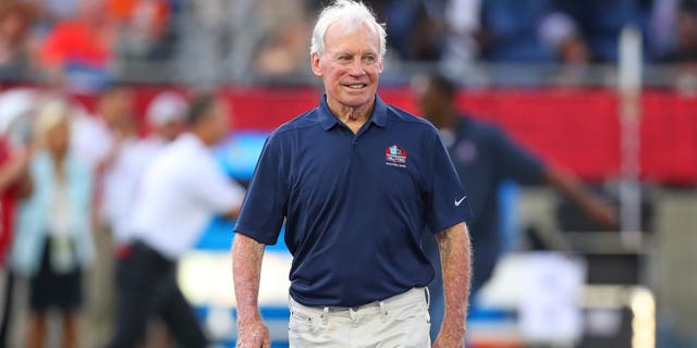 Pro Football Hall of Famer Bobby Beathard is introduced prior to the NFL Hall of Fame Game between the Chicago Bears and the Baltimore Ravens on August 2, 2018, at Tom Benson Hall of Fame Stadium in Canton, Ohio.