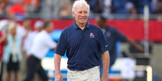 Pro Football Hall of Famer Bobby Beathard is introduced prior to the NFL Hall of Fame Game between the Chicago Bears and the Baltimore Ravens on August 2, 2018, at Tom Benson Hall of Fame Stadium in Canton, Ohio.