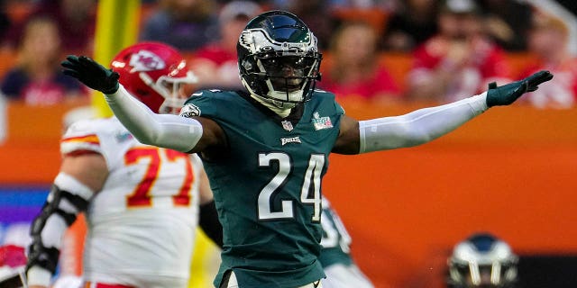 James Bradberry #24 of the Philadelphia Eagles celebrates against the Kansas City Chiefs during the second quarter of Super Bowl LVII at State Farm Stadium on February 12, 2023 in Glendale, Arizona. 