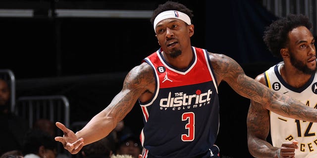 Bradley Beal #3 of the Washington Wizards celebrates a three point basket during the game against the Indiana Pacers on February 11, 2023 at Capital One Arena in Washington, DC.