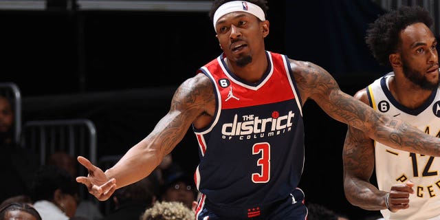 Bradley Beal #3 of the Washington Wizards celebrates a three point basket during the game against the Indiana Pacers on February 11, 2023 at Capital One Arena in Washington, DC.