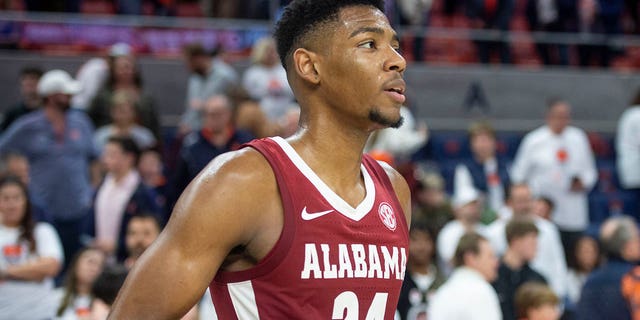 Brandon Miller of the Alabama Crimson Tide after defeating the Auburn Tigers at Neville Arena Feb. 11, 2023, in Auburn, Ala. 
