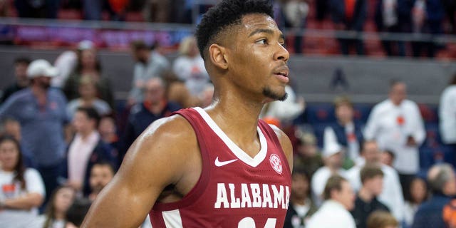 Alabama Crimson Tide's Brandon Miller after defeating the Auburn Tigers at Neville Arena on February 11, 2023 in Auburn, Alabama. 