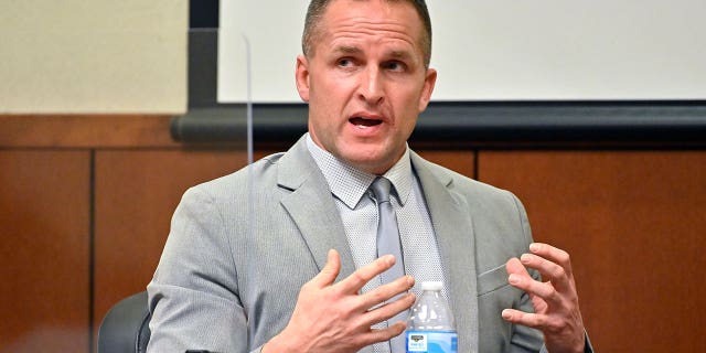 Former Louisville Police Officer Brett Hankison is questioned by his defense attorney, on March 2, 2022, in Louisville, Kentucky.  