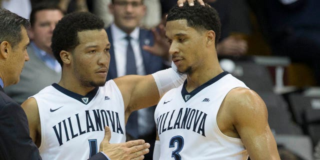 Villanova Wildcats head coach Jay Wright and Jalen Brunson, #1, congratulate Josh Hart, #3 during the second half against the Temple Owls on December 13, 2016 at The Pavilion in Villanova, Pennsylvania. The Villanova Wildcats defeated the Temple Owls, 78–57.
