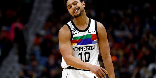 Bryn Forbes #10 of the Minnesota Timberwolves reacts to a call during the second quarter of an NBA game against the New Orleans Pelicans at Smoothie King Center on December 28, 2022 in New Orleans, Louisiana.