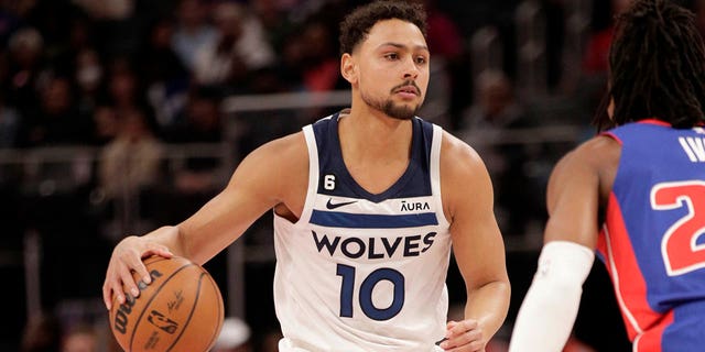 Bryn Forbes #10 of the Minnesota Timberwolves dribbles the ball during the game against the Detroit Pistons on January 11, 2023 at Little Caesars Arena in Detroit, Michigan.