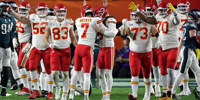 Harrison Butker #7 of the Kansas City Chiefs celebrates after kicking the go ahead field goal during the fourth quarter against the Philadelphia Eagles in Super Bowl LVII at State Farm Stadium on February 12, 2023 in Glendale, Arizona. 