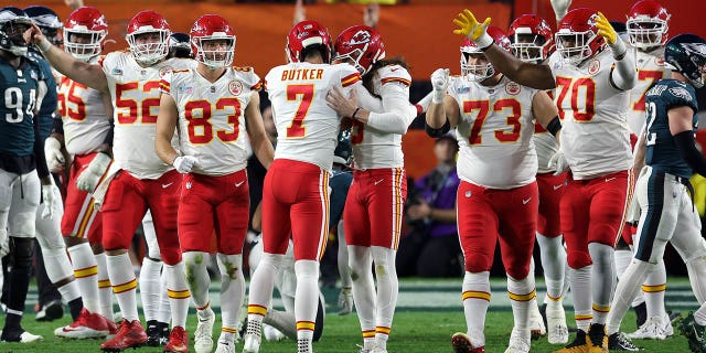 Harrison Butker #7 of the Kansas City Chiefs celebrates after kicking the go ahead field goal during the fourth quarter against the Philadelphia Eagles in Super Bowl LVII at State Farm Stadium on February 12, 2023 in Glendale, Arizona.